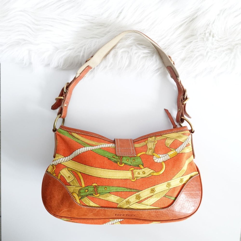 Vintage Miu Miu Orange Buckled Graphic Canvas Leather Shoulder Bag Y2K 90s - Picture 2 of 16